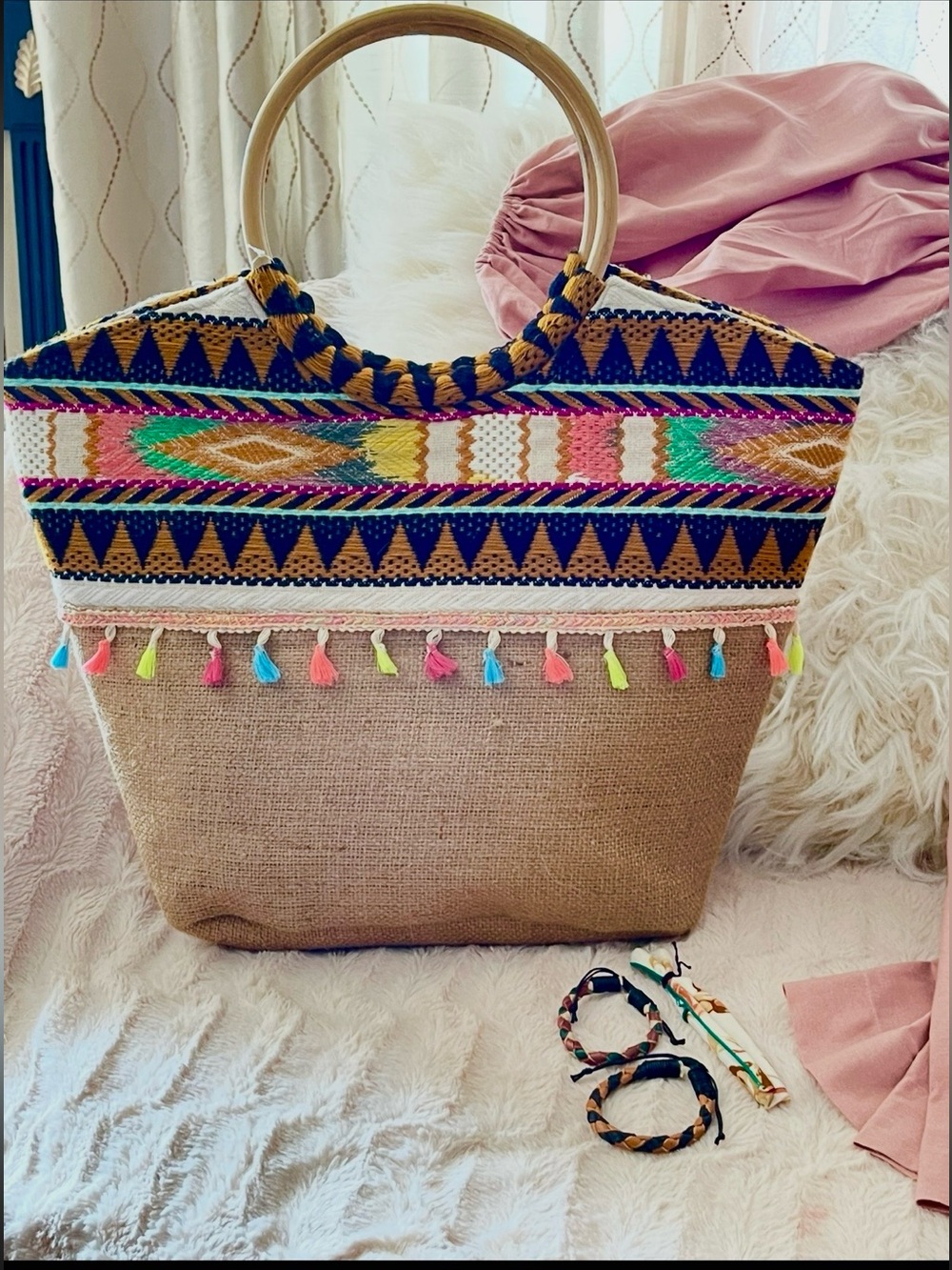 Tassel Straw Tote Bag - Multicolor